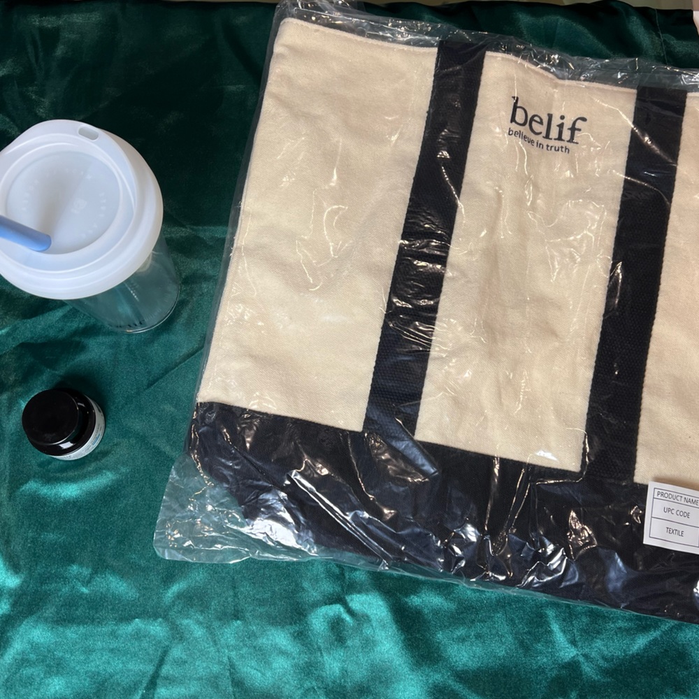 Belif Tote Shoulder Bag, with Cup, Bottle, and Cream